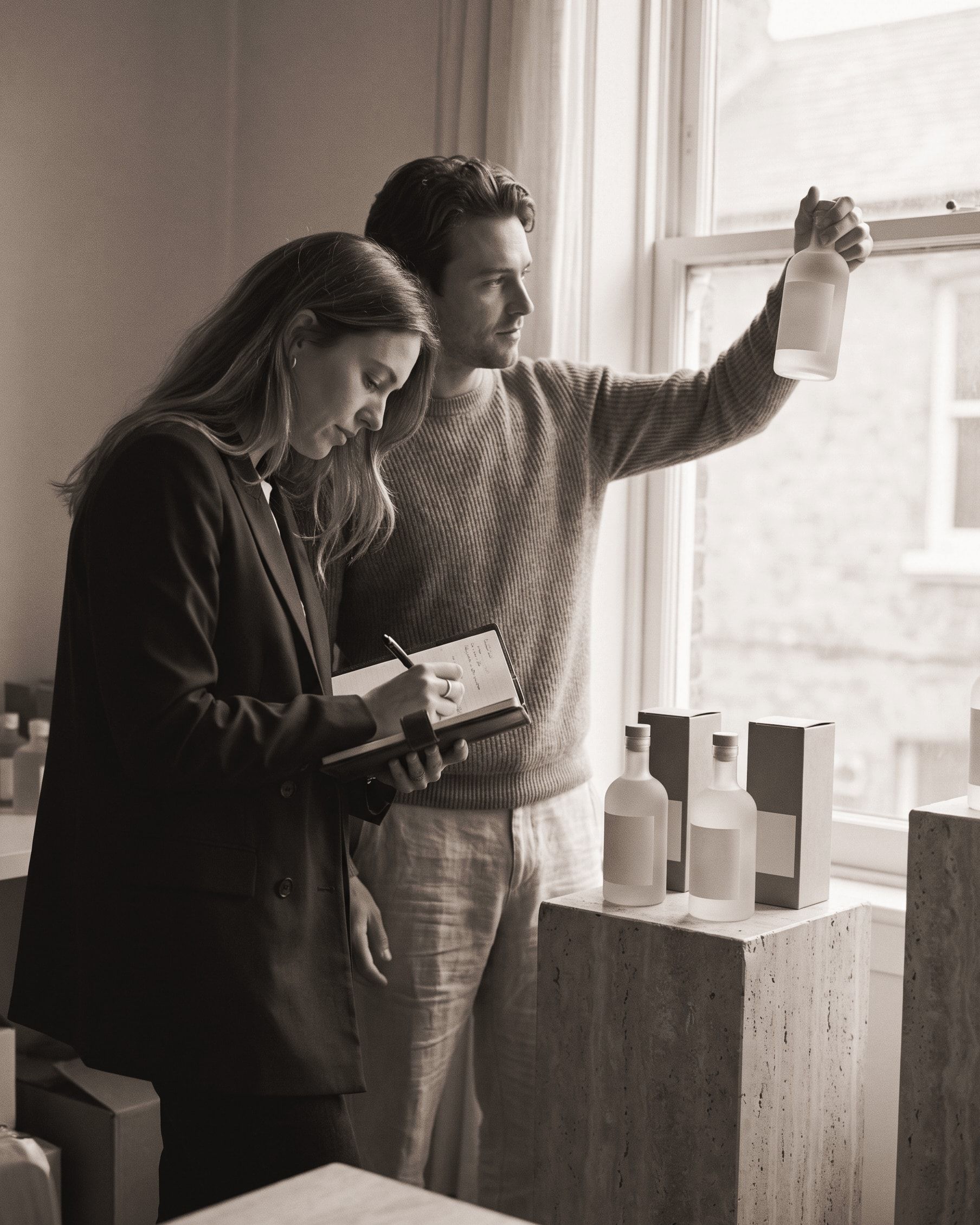 A brand founder holds a new bottle prototype to the light while a colleague takes notes