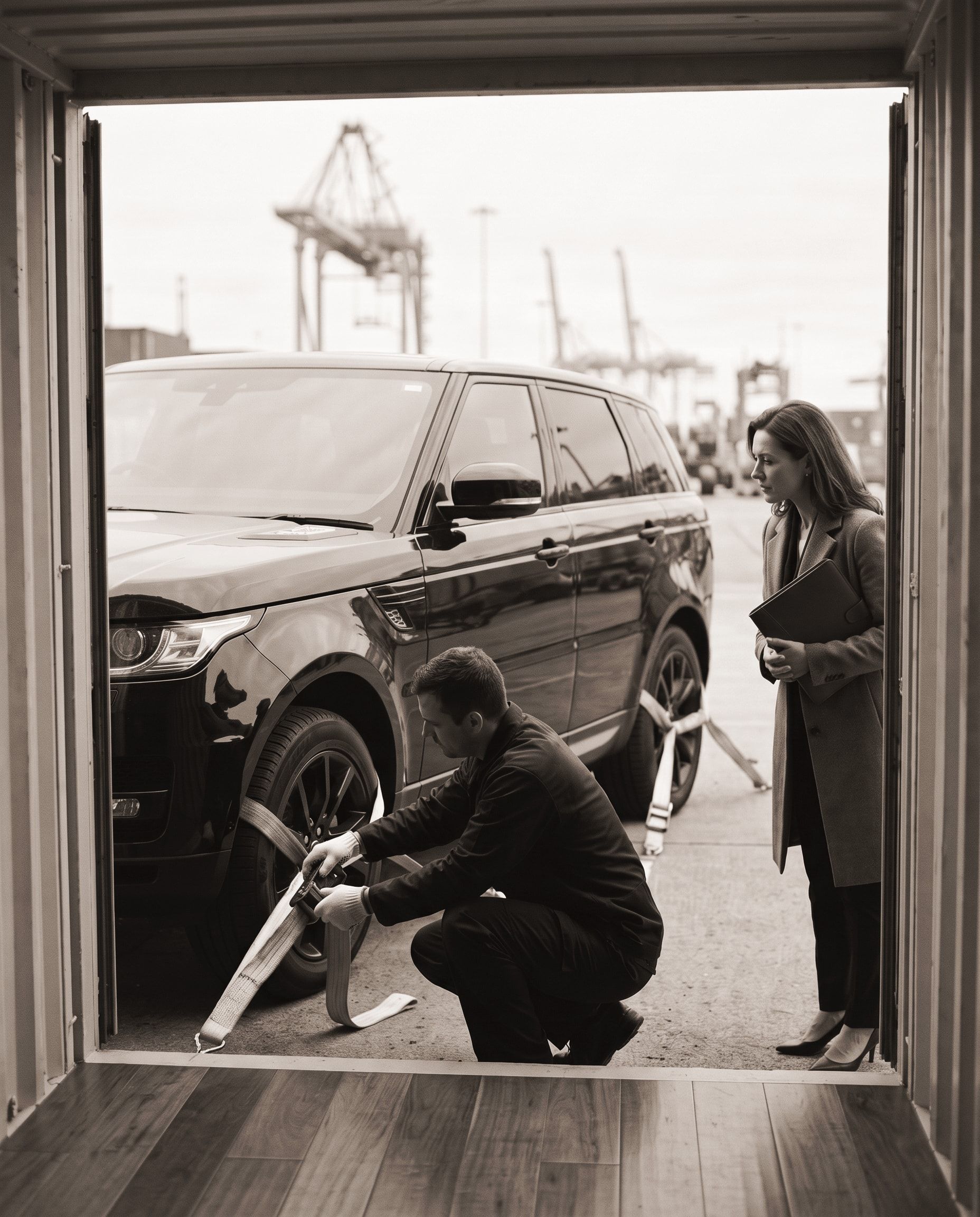 Seen from inside a shipping container, a specialist in white gloves straps down a new SUV while its owner looks on
