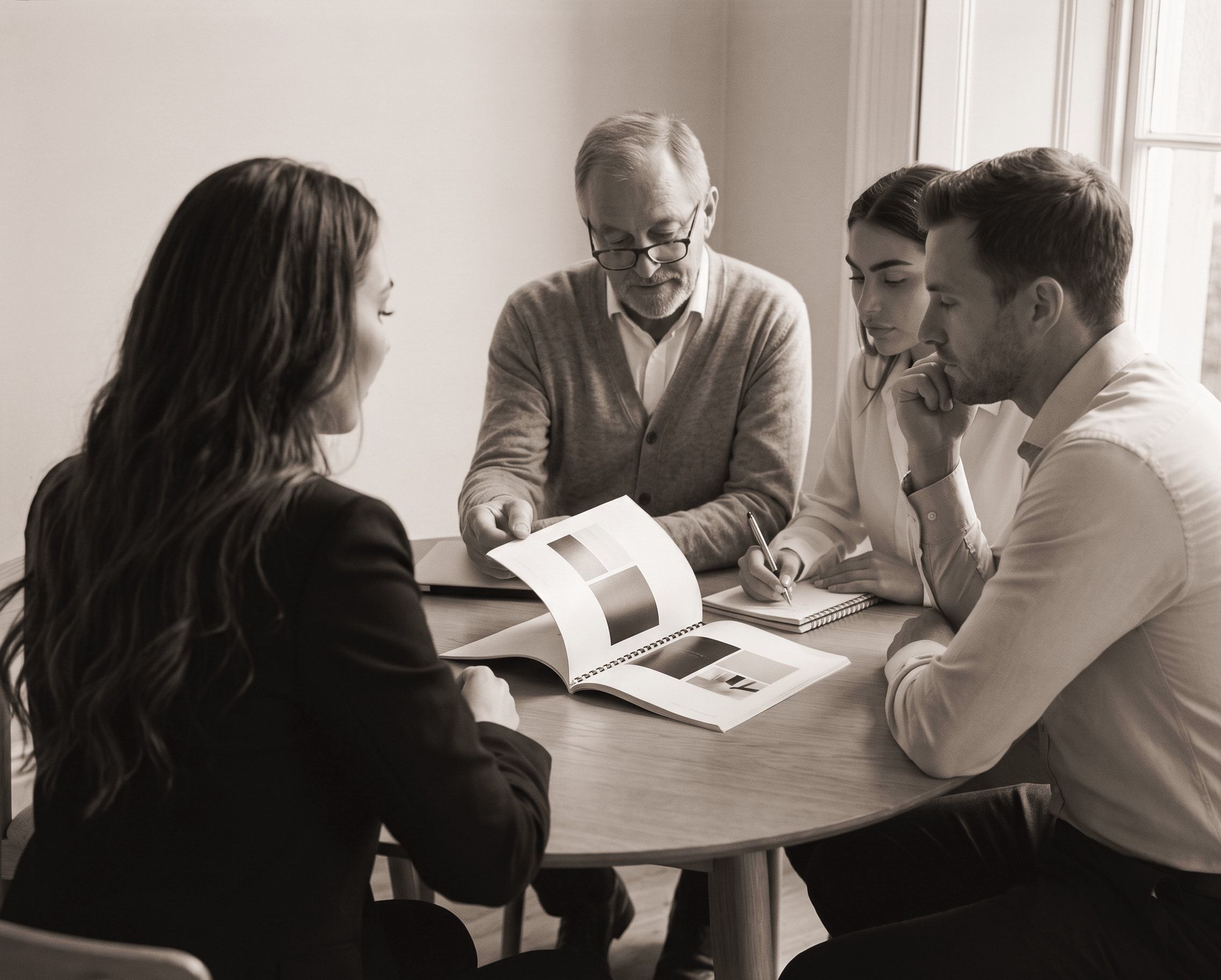 Meghan reviews a bound plan with a client founder and his team around a round table
