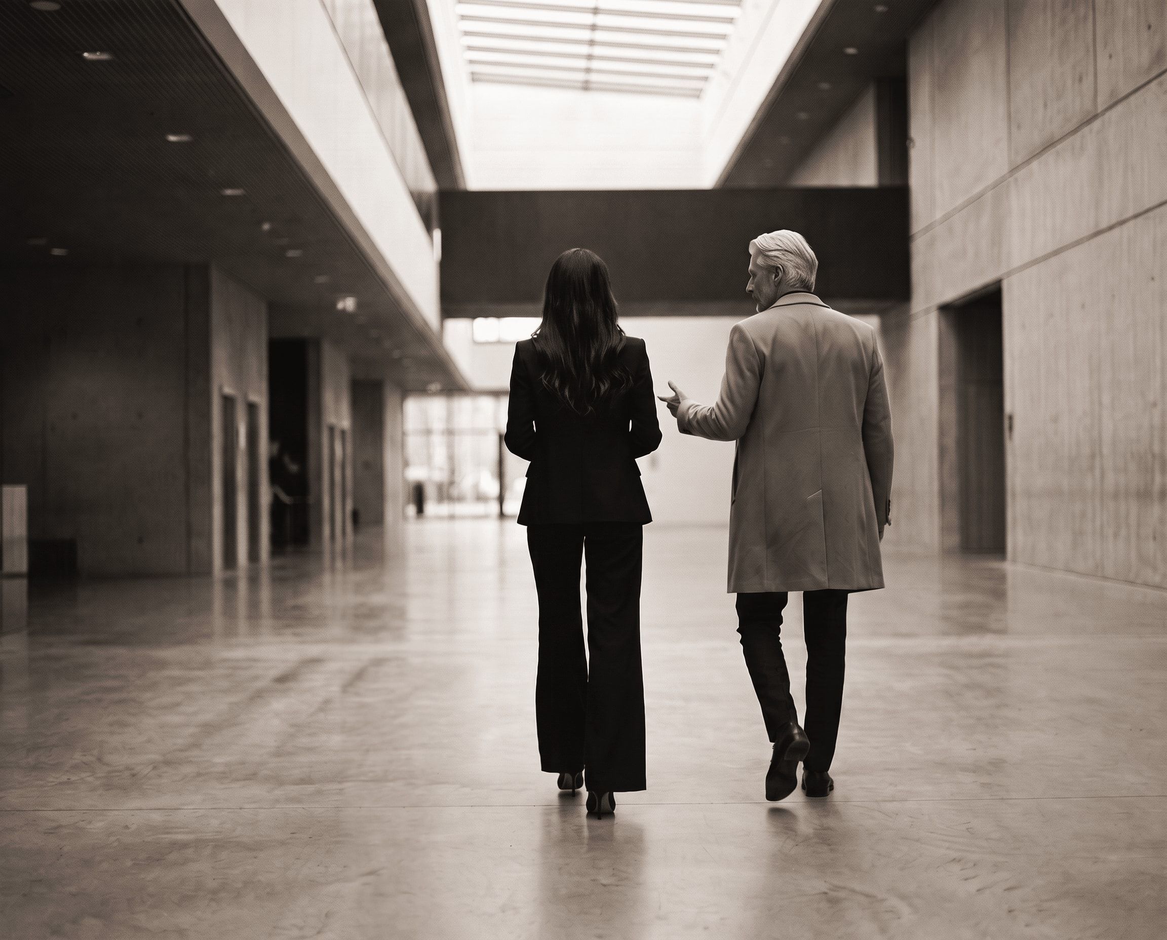 Meghan and a client walk side by side through a bright atrium, the client pointing ahead