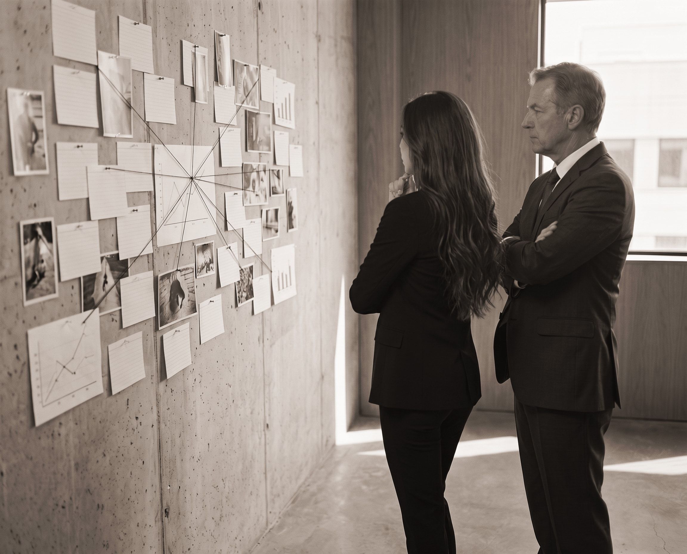 Meghan and a client study a wall of cards and charts connected into one map