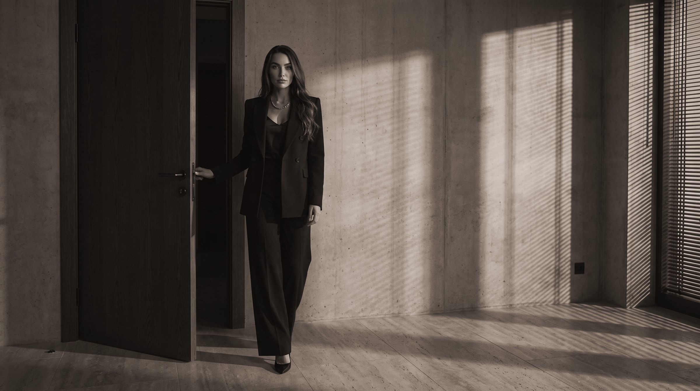 Meghan walking into a sunlit office