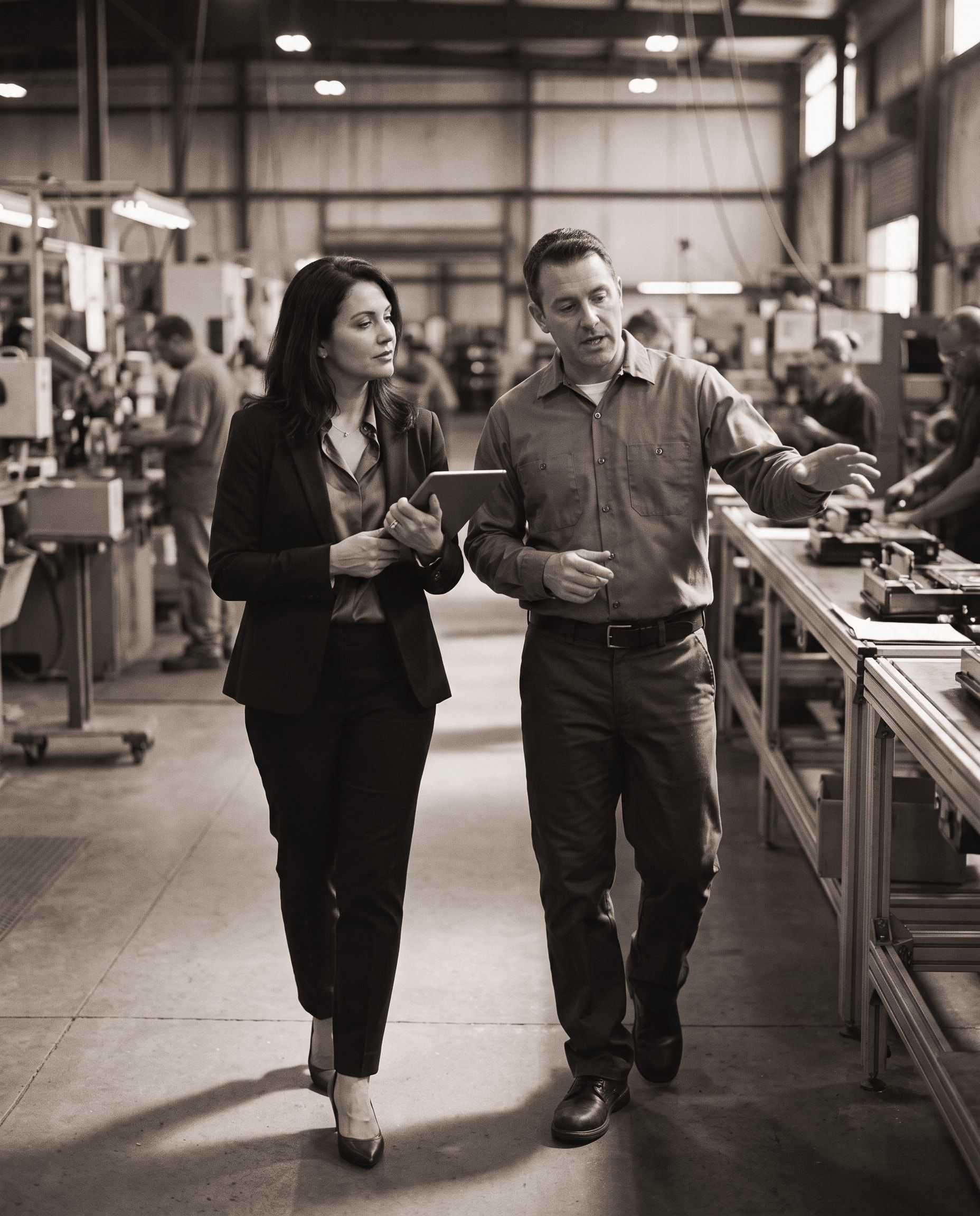 A founder walks her production floor with her floor manager, reviewing a newly streamlined workflow