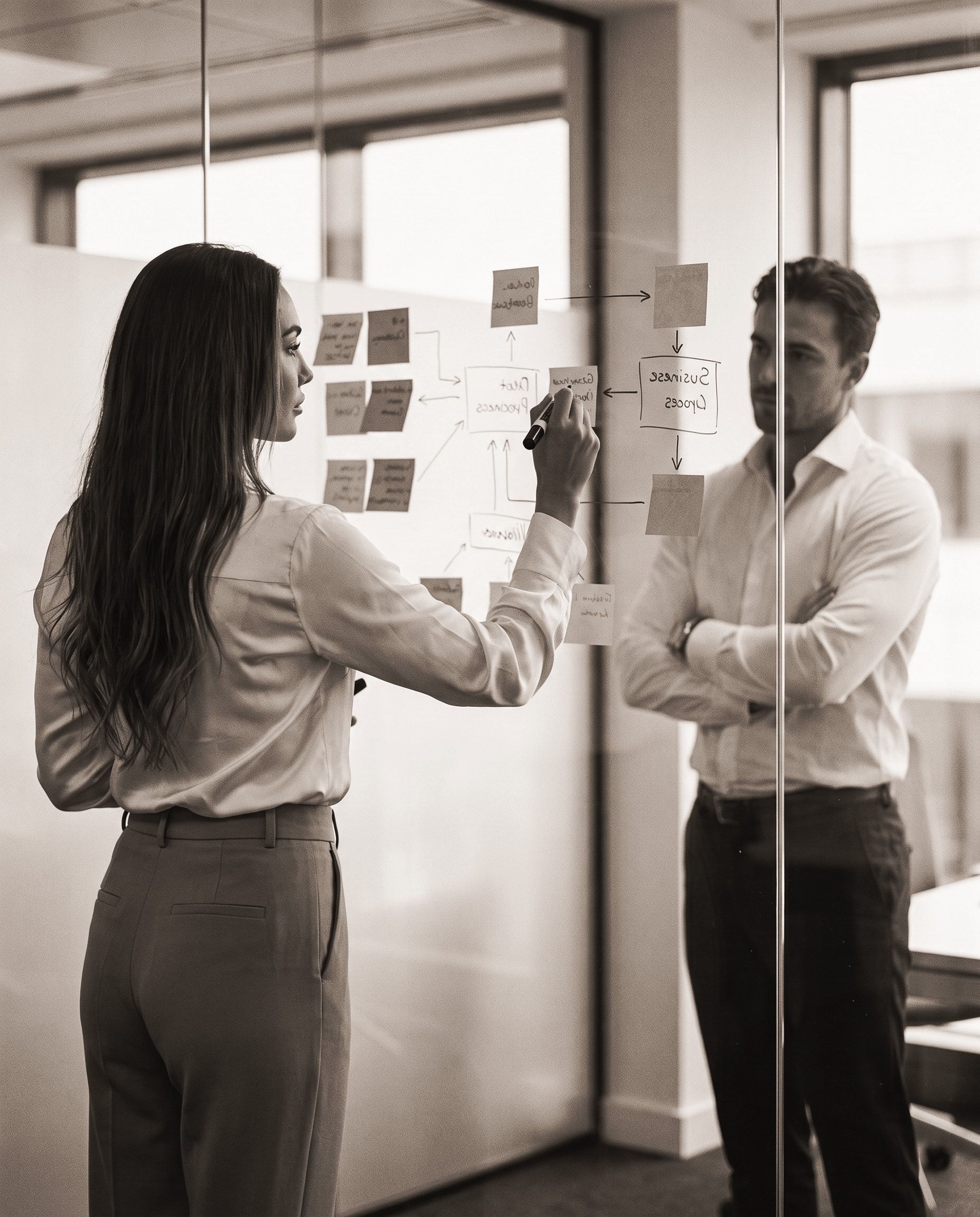 Mapping a business process on a glass wall while a client looks on