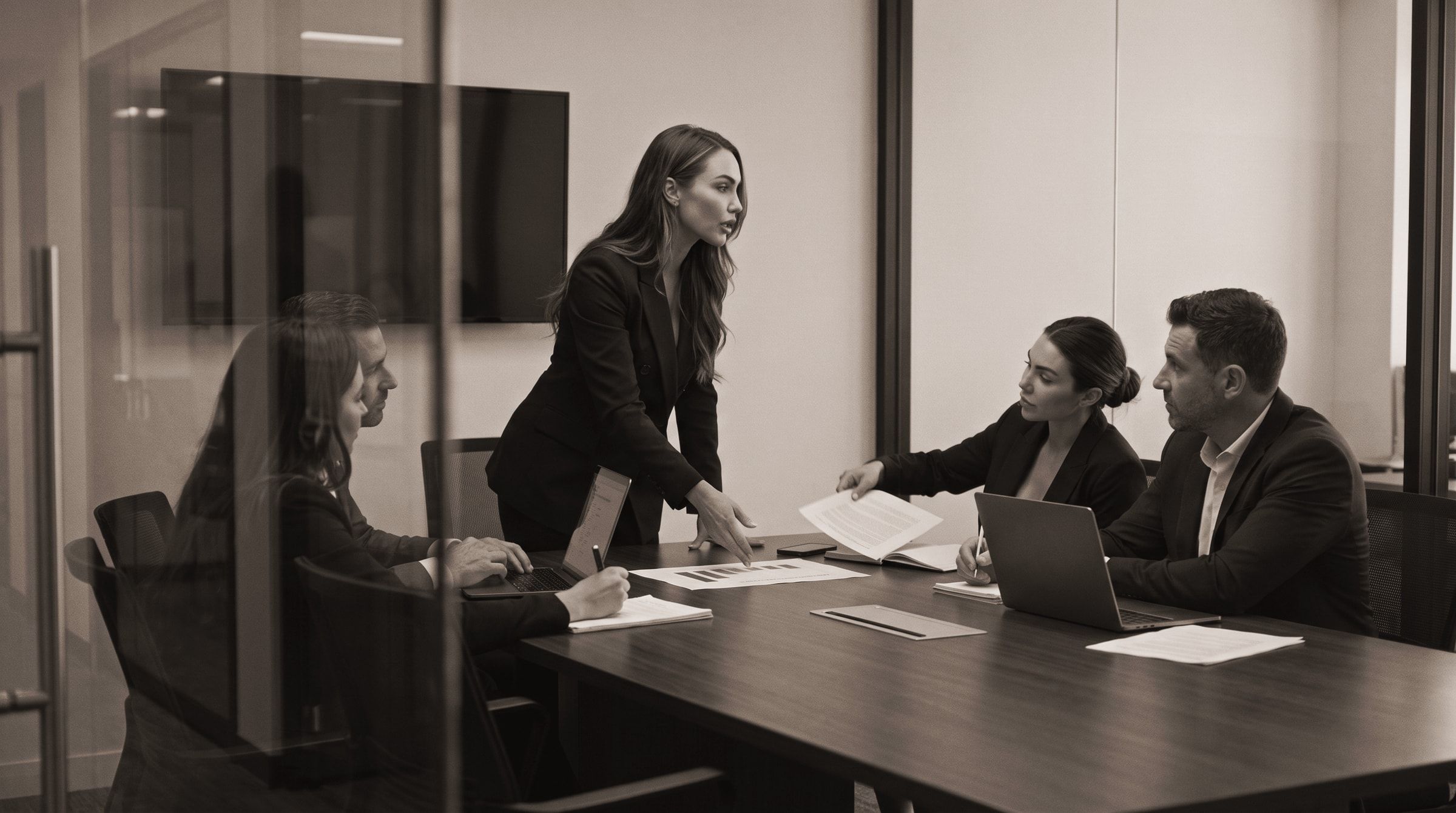 A strategy meeting seen through a glass wall
