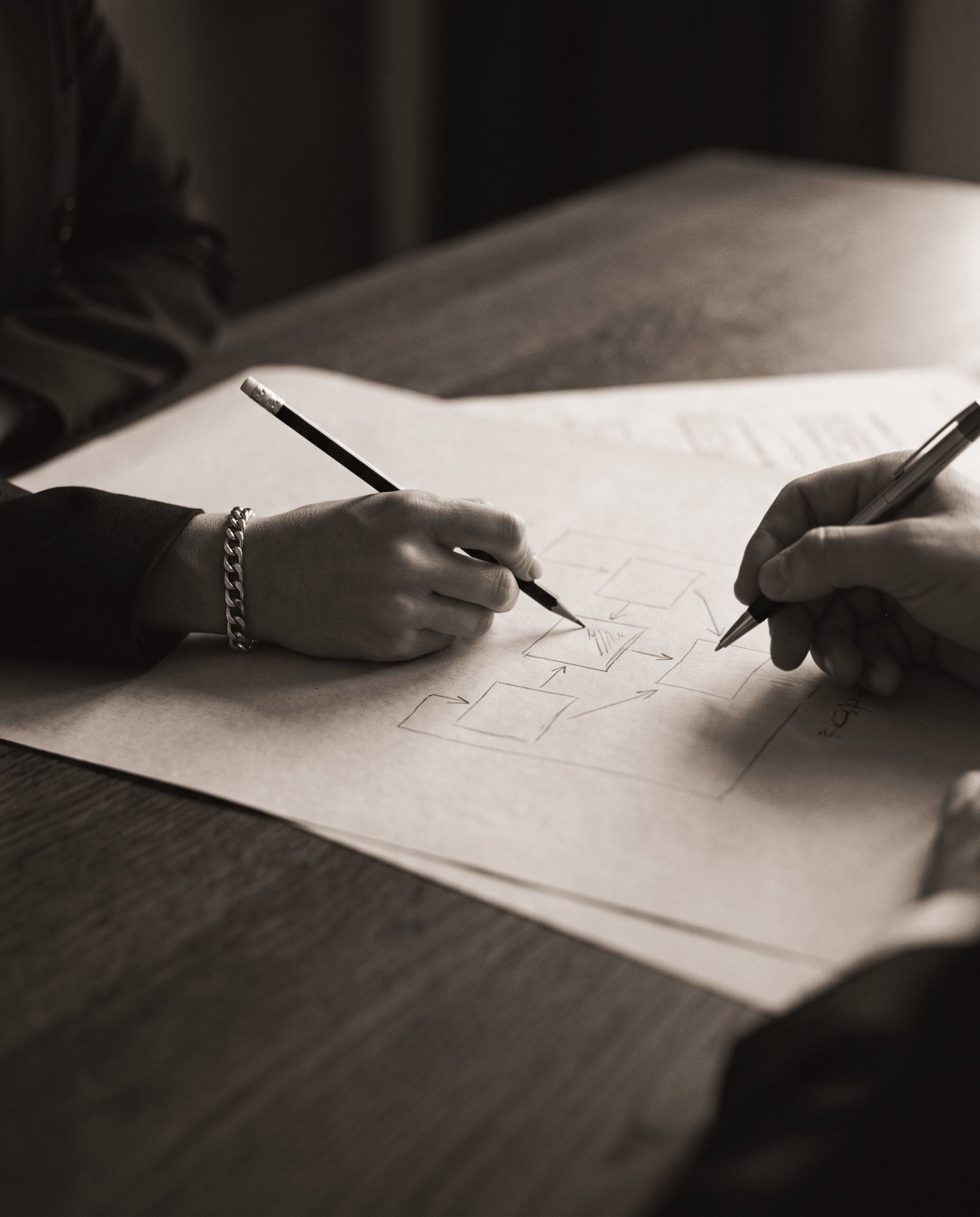 Two hands sketching a process flow together on paper