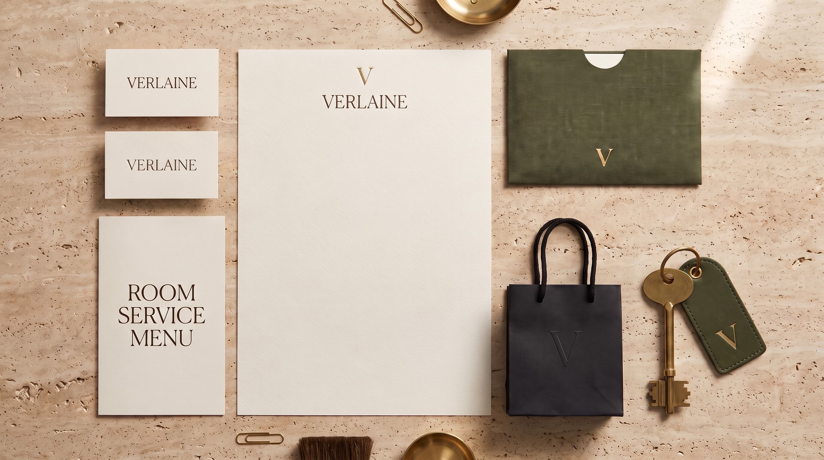 After: the same items in one calm identity, with a serif VERLAINE wordmark, olive and brass on ivory.