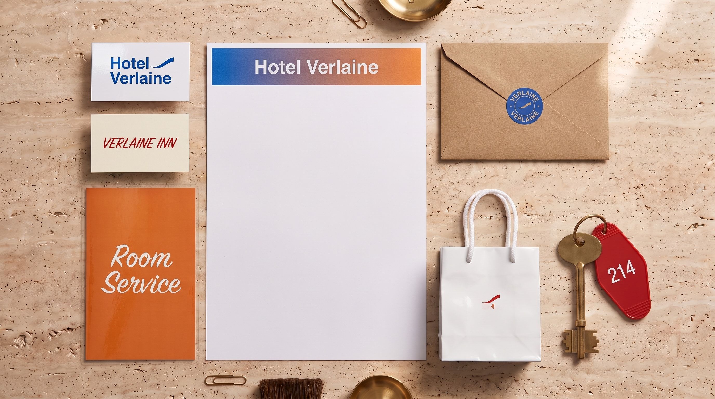 Before: the hotel's business cards, letterhead, menu, bag and key, each in a different dated style.
